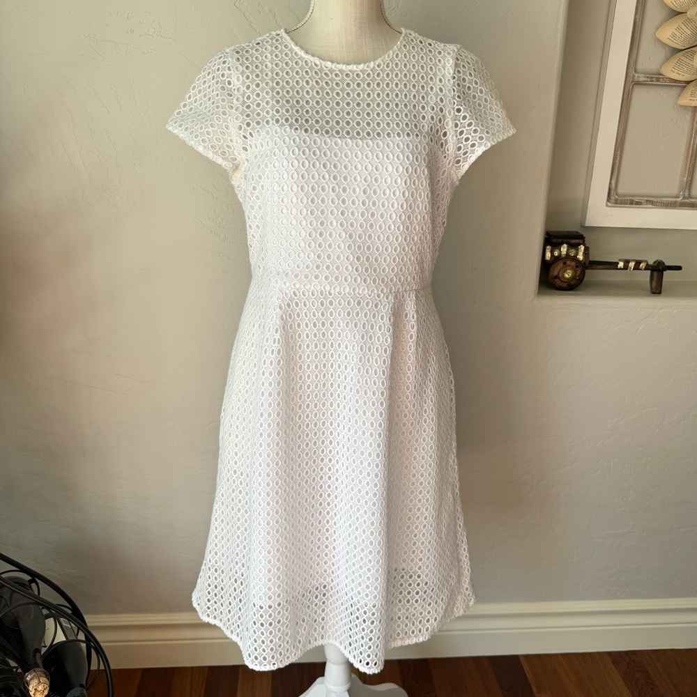 J. Crew Womens White Fit & Flare Lace Short Sleeve Midi Dress‎ Size 8